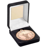 BLACK VELVET MEDAL BOX AND 50mm MEDAL NETBALL TROPHY BRONZE - 3.5in